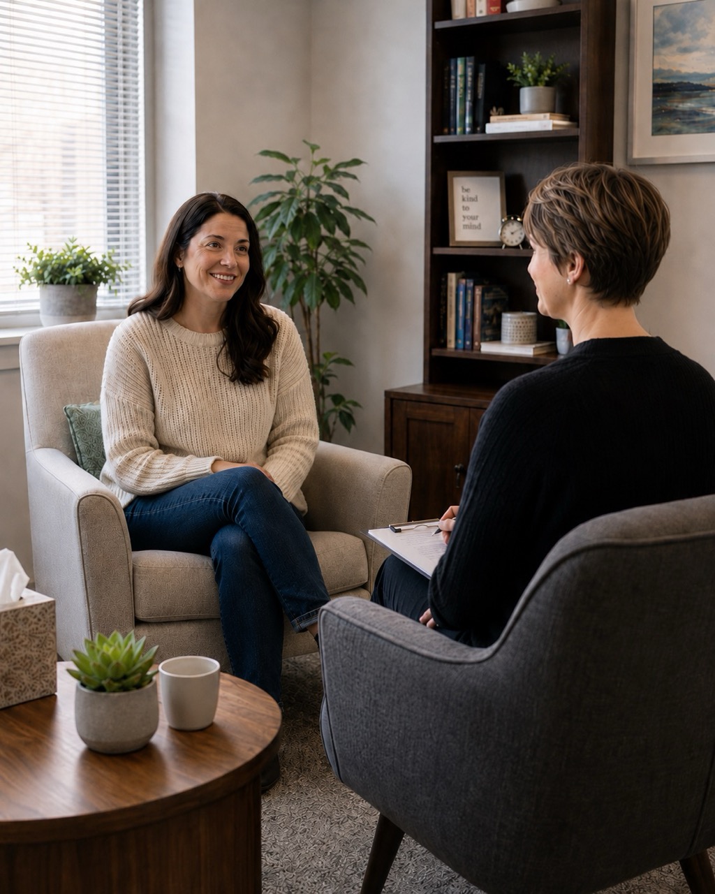 Two people sitting in armchairs in a warm, softly lit counseling office